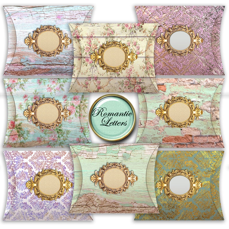 May include: Set of eight pillow boxes with different vintage patterns. Each box has a gold ornate frame with a blank circle in the center. The boxes are perfect for packaging small gifts or favors.