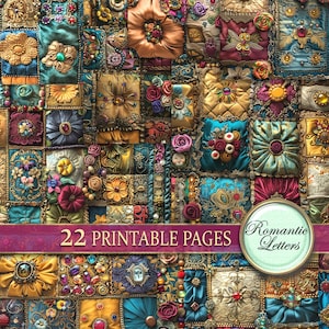 Può includere: Un collage digitale di 22 pagine stampabili che presenta un patchwork di quadrati di tessuto colorati con ricami e decorazioni intricate. I quadrati di tessuto sono disposti in una griglia e presentano una varietà di colori, tra cui oro, blu, rosso e verde. Il testo "Romantic Letters" e "22 Printable Pages" è visualizzato su uno striscione nella parte inferiore dell'immagine.
