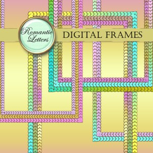 May include: A set of digital frames with a colorful, glittery, sequin design. The frames are arranged in a grid pattern and have a light yellow background. The text "Romantic Letters DIGITAL FRAMES" is at the top of the image.