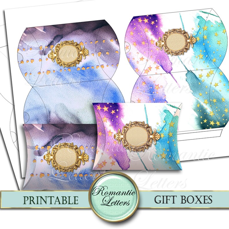 May include: Printable gift box templates featuring a watercolor design with gold stars and a decorative frame. The boxes are perfect for packaging small gifts or favors.