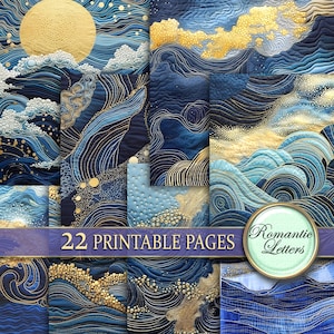 May include: A set of 22 printable pages featuring abstract digital art with a blue and gold color scheme. The art features swirling lines and shapes reminiscent of waves and clouds. The text "22 Printable Pages" and "Romantic Letters" is included in the image.
