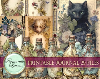 Magic printable junk journal kit printable journal pages card tag cover fantasy digital scrapbook witch spells botanical floral herbal PART1