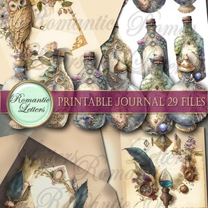 May include: A digital collage featuring vintage-style illustrations. The image includes ornate bottles, envelopes, an owl, and floral elements. Text reads "Romantic Letters" and "Printable Journal 29 Files."