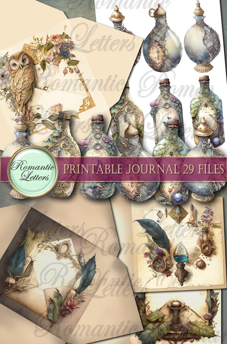 May include: A digital collage featuring vintage-style illustrations. The image includes ornate bottles, envelopes, an owl, and floral elements. Text reads "Romantic Letters" and "Printable Journal 29 Files."