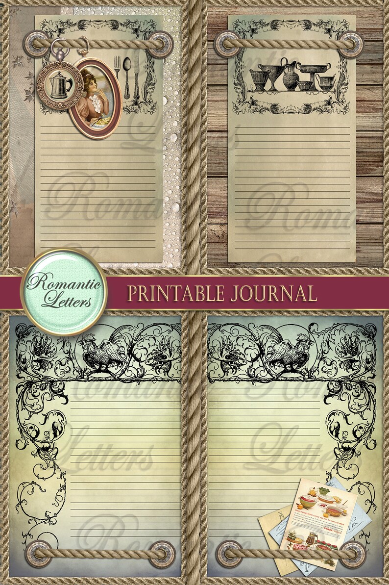 Pu&ograve; includere: Pagine di diario stampabili con un'estetica vintage. Le pagine presentano una variet&agrave; di bordi decorativi, tra cui un gallo, una teiera e un set di utensili da cucina. Le pagine sono progettate per essere utilizzate per tenere un diario, scrivere ricette o altri scopi creativi.