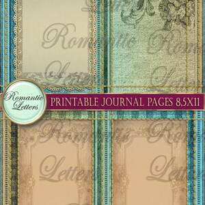 May include: Digital printable journal pages with a vintage aesthetic. The design features a collage of teal, beige, and gold elements, including lace, floral patterns, and decorative frames. The text "Romantic Letters" and "Printable Journal Pages 8.5x11" are visible.