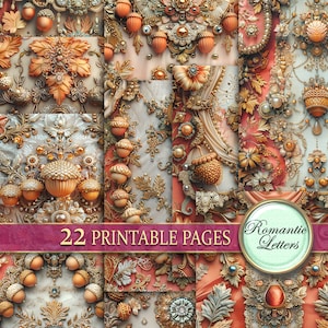 Digital bedruckbares Kraftpapier Scrapbook Papier Stickerei Vintage Junk Journal Herbst Blätter Eicheln Shabby Chic Thanksgiving A4