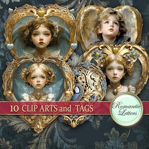 May include: A digital collection of ten clip arts and tags featuring portraits of winged figures framed in ornate gold heart-shaped borders with blue accents. A red banner across the bottom displays the text 10 CLIP ARTS and TAGS Romantic Letters.