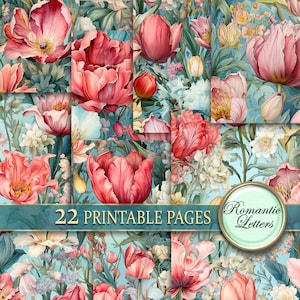 Shabby Chic Tulip Blumen digitales Scrapbook Papier Packung Botanische digital bedruckbare Junk Journal Seiten Papier florale nahtlose Muster A4