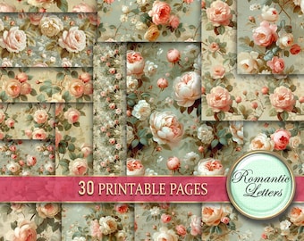 Floral digital scrapbook paper shabby chic junk journal pages vintage rose flowers digital background vintage wallpaper patterns decoupage