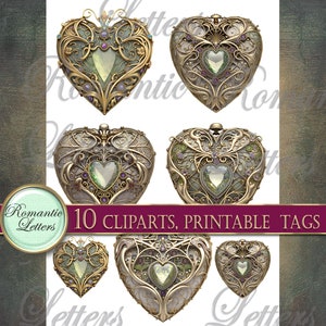 May include: Ten ornate gold heart-shaped frames with intricate details and a green gem in the center.  The frames are perfect for adding a touch of vintage elegance to your crafts.