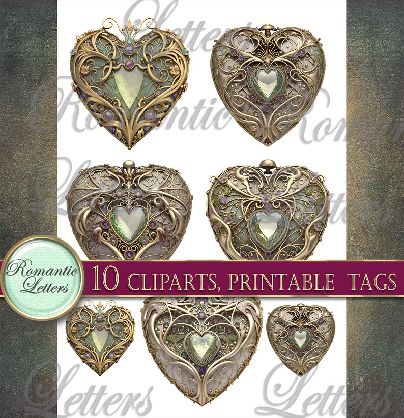 May include: Ten ornate gold heart-shaped frames with intricate details and a green gem in the center.  The frames are perfect for adding a touch of vintage elegance to your crafts.