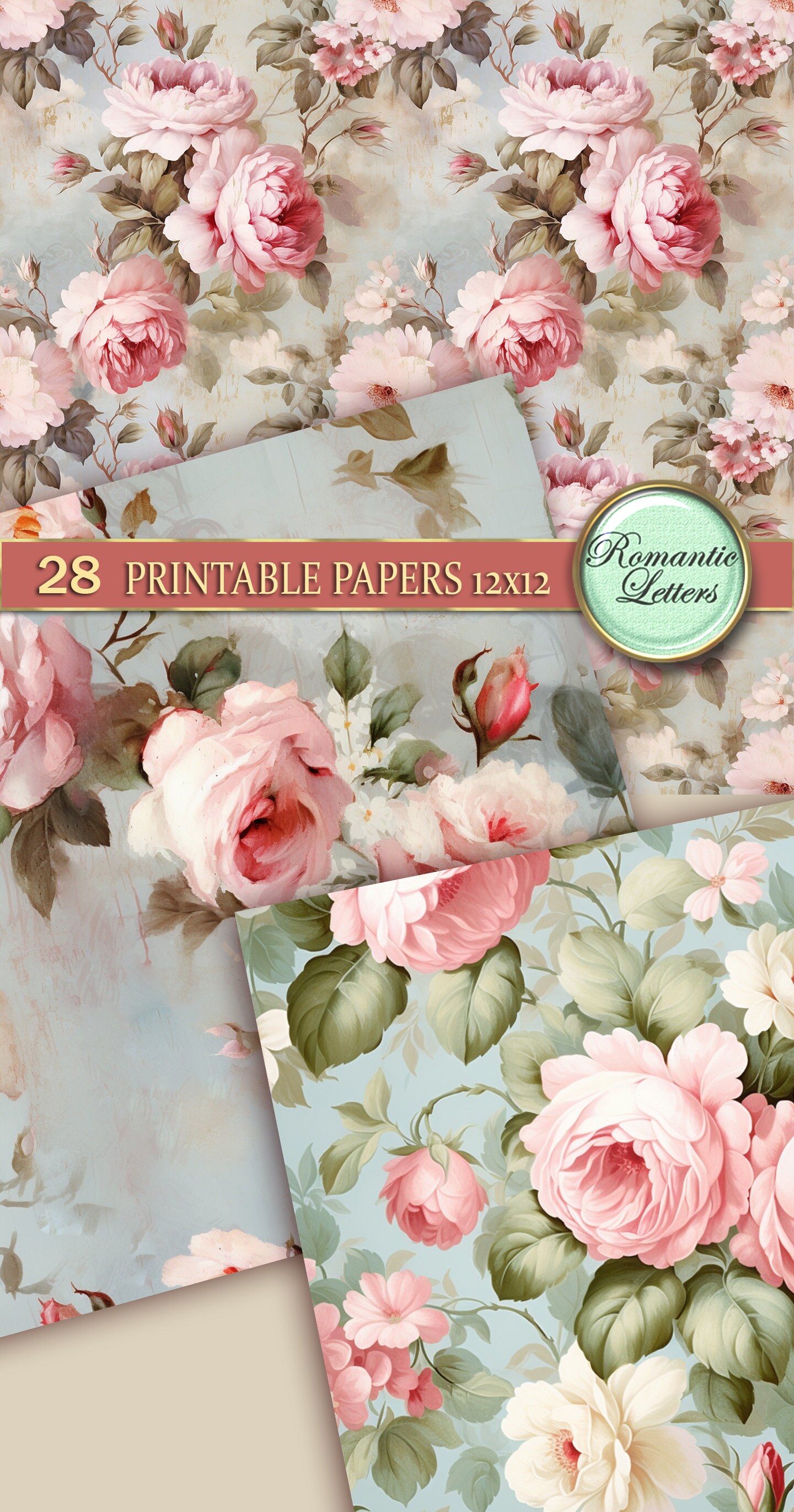Shabby Chic Digital Scrapbooking Paper Pack Pink Floral Digital ...