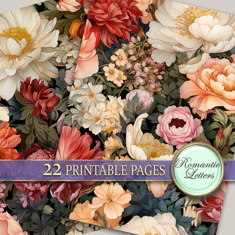Pu&ograve; includere: Un download digitale di 22 pagine stampabili con un motivo floreale con fiori bianchi, rossi, rosa e gialli su uno sfondo scuro. Il testo "Romantic Letters" &egrave; in un cerchio nell'angolo in basso a destra dell'immagine.