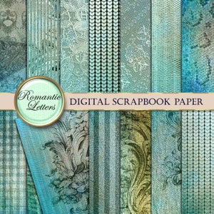 May include: A set of 12 digital scrapbook papers featuring a variety of patterns in shades of blue and green. The patterns include lace, stripes, floral designs, and geometric shapes. The papers are perfect for creating digital scrapbook pages, cards, and other crafts.