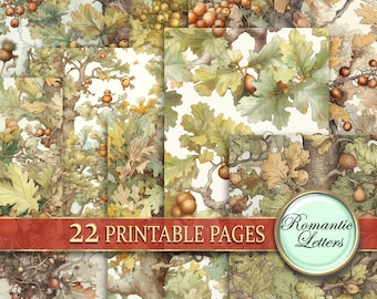 May include: A digital collage of 22 printable pages featuring a watercolor illustration of oak leaves and acorns. The text "22 Printable Pages" and "Romantic Letters" is included in the image.