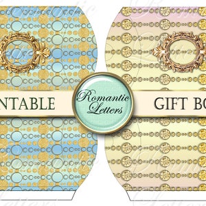 Puede incluir: Plantillas de cajas de regalo imprimibles con un patr&oacute;n azul y dorado. Las cajas presentan un marco dorado decorativo con un c&iacute;rculo en el centro. El texto "Printable" y "Romantic Letters" est&aacute; en la parte superior de la imagen. El texto "Gift Boxes" est&aacute; en la parte inferior de la imagen.