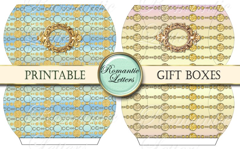 Puede incluir: Plantillas de cajas de regalo imprimibles con un patr&oacute;n azul y dorado. Las cajas presentan un marco dorado decorativo con un c&iacute;rculo en el centro. El texto "Printable" y "Romantic Letters" est&aacute; en la parte superior de la imagen. El texto "Gift Boxes" est&aacute; en la parte inferior de la imagen.