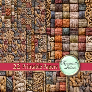 Puede incluir: Una colección de 22 papeles imprimibles con texturas tejidas intrincadas y patrones trenzados en tonos marrón, beige, azul y rojo. Una banda roja en la parte inferior muestra el texto 22 Printable Papers y Romantic Letters.