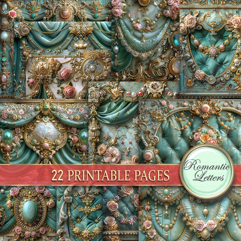Puede incluir: Un collage de 22 p&aacute;ginas imprimibles con tem&aacute;tica rom&aacute;ntica. Las p&aacute;ginas presentan dise&ntilde;os ornamentados en color turquesa y dorado con detalles florales y de joyas. El texto "Romantic Letters" se muestra en un marco circular.