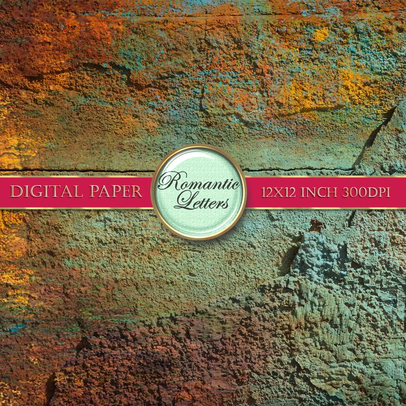 May include: Digital paper with a textured, rusty, and weathered background in shades of brown, orange, blue, and green. The text "DIGITAL PAPER" and "Romantic Letters" is displayed on a red ribbon across the bottom of the image. The text "12x12 INCH 300DPI" is also displayed on the ribbon.