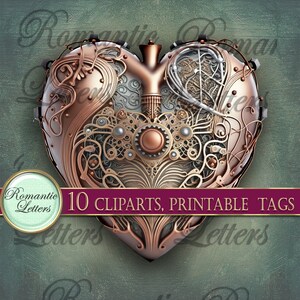 May include: A copper and silver steampunk heart with intricate gears and floral designs. The heart is a digital illustration and is part of a set of 10 printable clip art images.