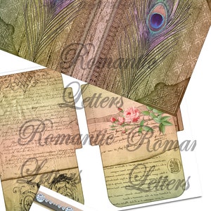 May include: Printable journal kit with a vintage aesthetic. The kit includes a variety of papers with floral, feather, and script designs. The papers are in shades of green, brown, pink, and white. The kit also includes a title page with the text "Printable Journal Kit 8.5x11".