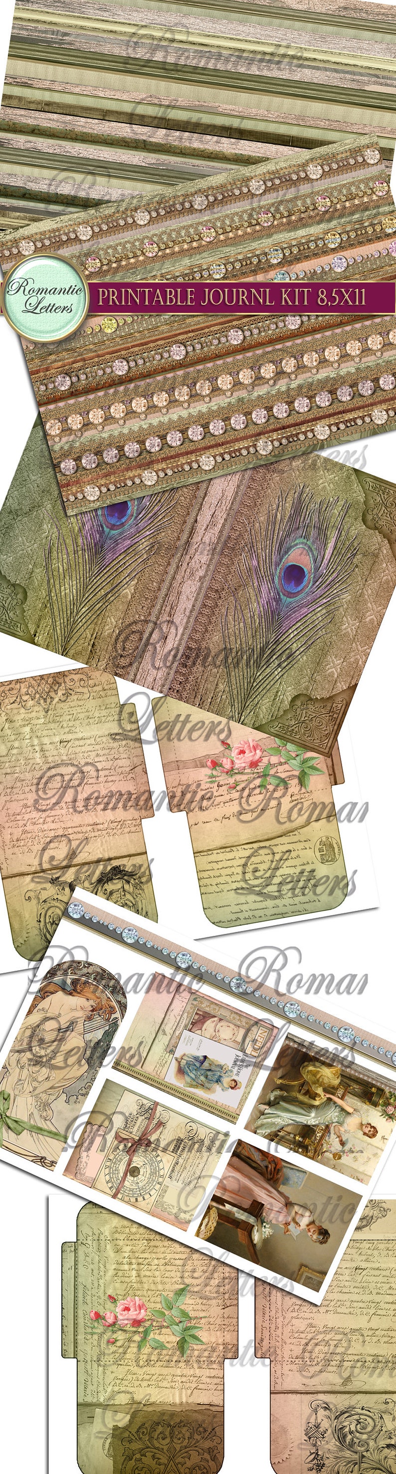 May include: Printable journal kit with a vintage aesthetic. The kit includes a variety of papers with floral, feather, and script designs. The papers are in shades of green, brown, pink, and white. The kit also includes a title page with the text "Printable Journal Kit 8.5x11".