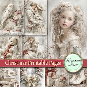 May include: A collage of Christmas-themed printable pages. The images feature a variety of winter scenes, including a couple embracing, a girl with a dog, a teddy bear, and a pair of ice skates. The text "Christmas Printable Pages" is displayed on a red banner.
