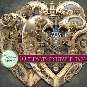 May include: Two gold-colored, intricately detailed, heart-shaped gears with a blue center. The gears are interlocked and have a steampunk aesthetic. The text "10 CLIPARTS, PRINTABLE TAGS" is visible at the bottom of the image.