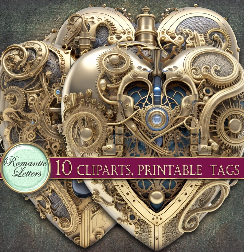 May include: Two gold-colored, intricately detailed, heart-shaped gears with a blue center. The gears are interlocked and have a steampunk aesthetic. The text "10 CLIPARTS, PRINTABLE TAGS" is visible at the bottom of the image.