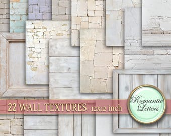 May include: 22 digital wall textures in various shades of white and gray, including brick, wood, and distressed finishes. Each texture is 12x12 inches.