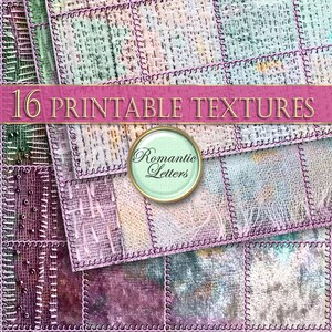 Può includere: 16 Texture stampabili che presentano un patchwork di quadrati di tessuto con una varietà di colori e trame, tra cui rosa, verde e blu. I quadrati di tessuto sono cuciti insieme con un filo rosa. Il testo "Romantic Letters" è visibile al centro dell'immagine.