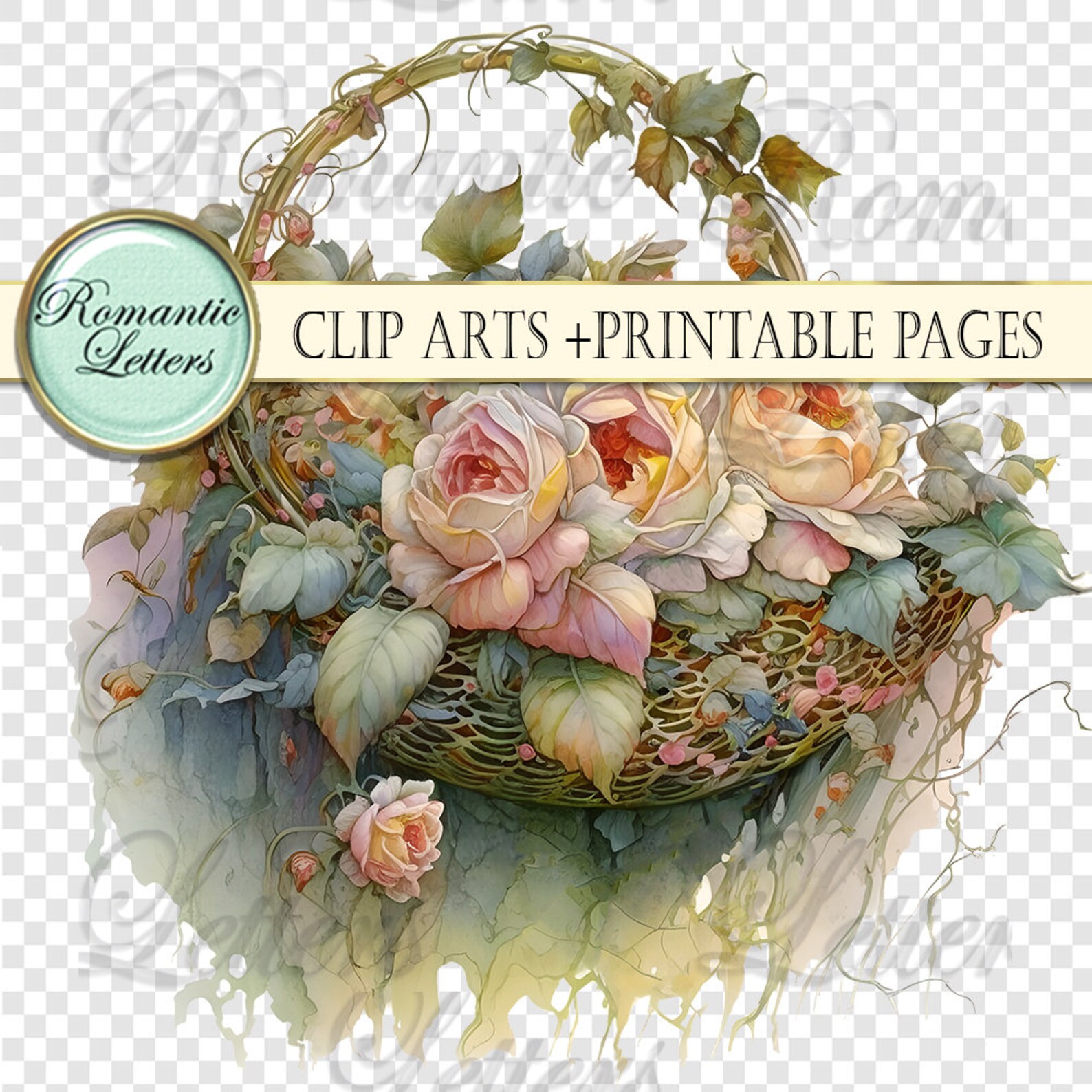 Digital Scrapbook Wedding Rose Basket Clip Art Flowers Watercolor ...