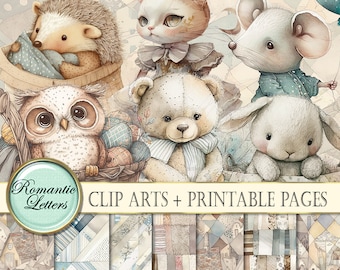 Digital Clip art  Animal kids digital clipart scrapbook paper pack baby clip art owl bear pink