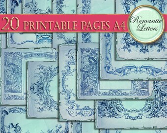 May include: Twenty printable pages in A4 size featuring blue and white vintage style frames with ornate designs. The frames are on a light blue background with a distressed look. The text "Romantic Letters" is in a gold circle at the top of the image.