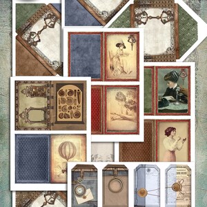 Op de afbeelding: Printbare enveloppen en kaarten met een vintage esthetiek. Het ontwerp bevat een mix van bruine, blauwe en groene kleuren met ingewikkelde details en illustraties van luchtschepen, klokken en vrouwen in vintage kleding. De tekst "Romantic Letters" en "Printable Envelopes, Cards" is opgenomen in de afbeelding.