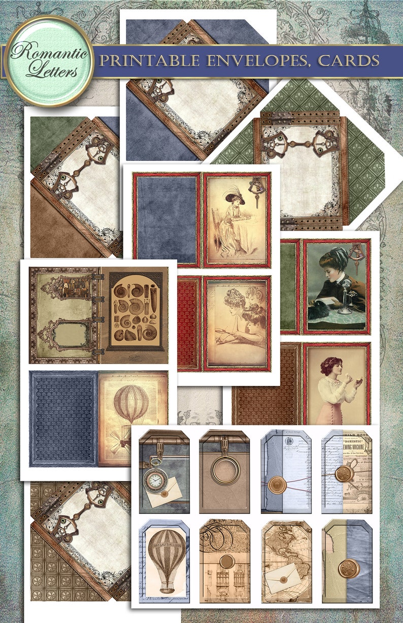 Op de afbeelding: Printbare enveloppen en kaarten met een vintage esthetiek. Het ontwerp bevat een mix van bruine, blauwe en groene kleuren met ingewikkelde details en illustraties van luchtschepen, klokken en vrouwen in vintage kleding. De tekst "Romantic Letters" en "Printable Envelopes, Cards" is opgenomen in de afbeelding.