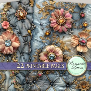 May include: A digital collage sheet with 22 printable pages featuring a vintage, ornate, floral design with gold accents, jewels, and a blue and gray background. The text "Romantic Letters" is in a circle on the bottom right corner of the image.