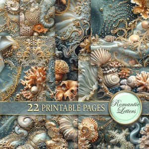 Paquete de papel para álbum de recortes imprimible digitalmente con corales, conchas marinas, perlas, patchwork, tela de seda, papel para manualidades, bordado, collage A4