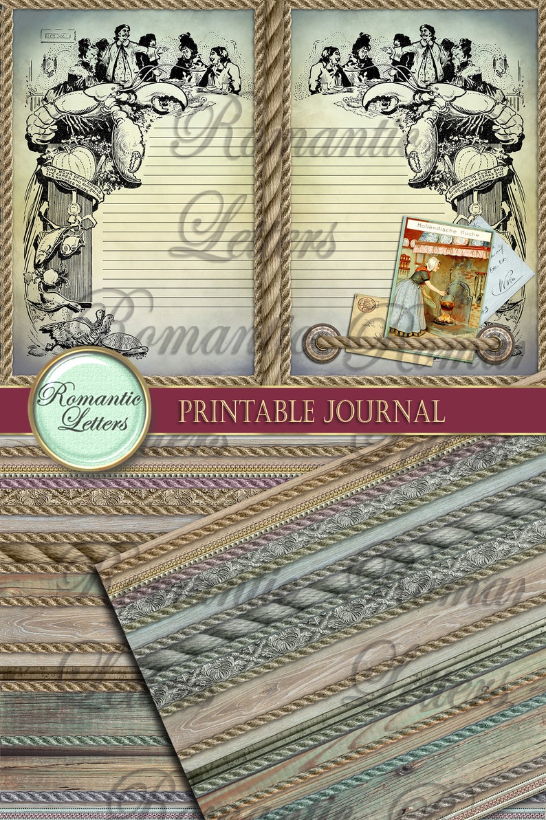 Pu&ograve; includere: Pagine di diario stampabili con un tema nautico. Le pagine presentano un'illustrazione vintage di un'aragosta e una donna che cucina in una cucina. Le pagine sono bordate con corde e trame di legno.