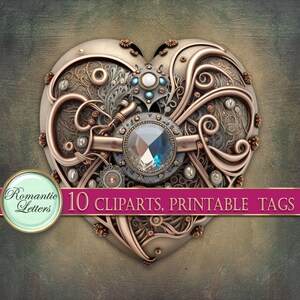 May include: A heart-shaped steampunk design with intricate gears, copper pipes, and a large blue gemstone. The design is surrounded by a floral pattern and has a metallic finish.