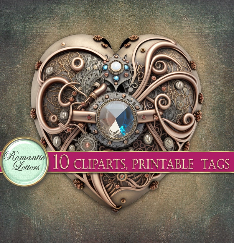 May include: A heart-shaped steampunk design with intricate gears, copper pipes, and a large blue gemstone. The design is surrounded by a floral pattern and has a metallic finish.