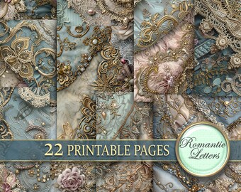Paquet de papier numérique imprimable pour scrapbooking, album de mariage shabby chic, papier artisanal imprimable de luxe, pages de journal de broderie victoriennes, dentelle dorée