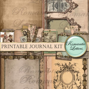 May include: Printable journal kit with a vintage aesthetic. The kit includes various elements such as frames, tags, and papers with a romantic theme. The kit is perfect for scrapbooking, journaling, and other creative projects.