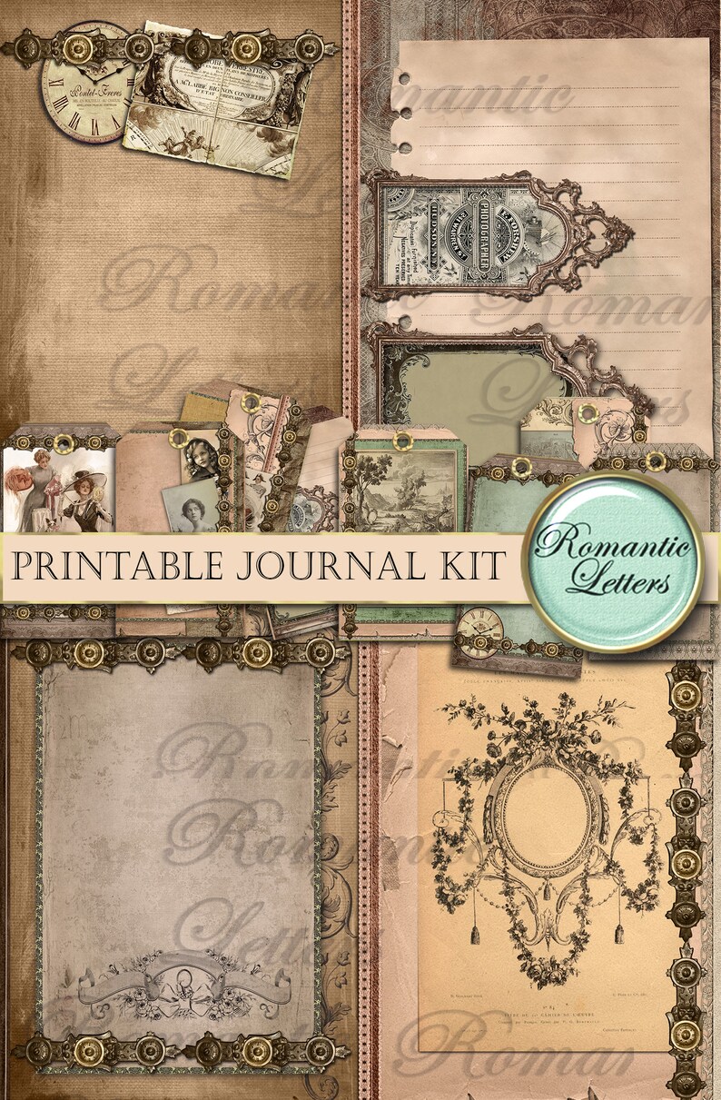 May include: Printable journal kit with a vintage aesthetic. The kit includes various elements such as frames, tags, and papers with a romantic theme. The kit is perfect for scrapbooking, journaling, and other creative projects.