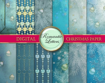 May include: Digital Christmas paper featuring diverse designs. The designs include jewel patterns, snowflakes, and Christmas baubles in shades of blue, teal, and white. The text "Romantic Letters" is in a circular frame, and "Digital Christmas Paper" is written on a pink banner.