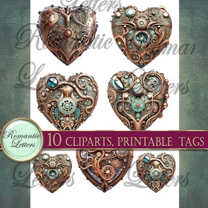 May include: Ten printable steampunk heart clip art images. The hearts are made of copper and have intricate details, including gears, cogs, and jewels. The hearts are a teal and copper color.