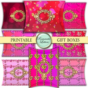 May include: Printable gift boxes with a romantic theme. The boxes feature a pink and red gradient background with gold hearts and a gold ornate frame. The text "Printable Gift Boxes" and "Romantic Letters" is displayed on the image.