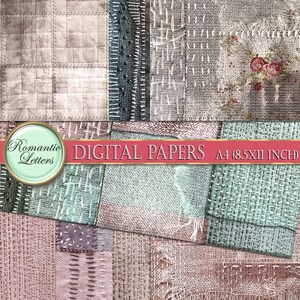 May include: A set of 10 digital papers featuring a patchwork design with various textures and colors, including beige, brown, pink, and blue. The papers are perfect for scrapbooking, card making, and other crafting projects.  The papers are 8.5 x 11 inches.